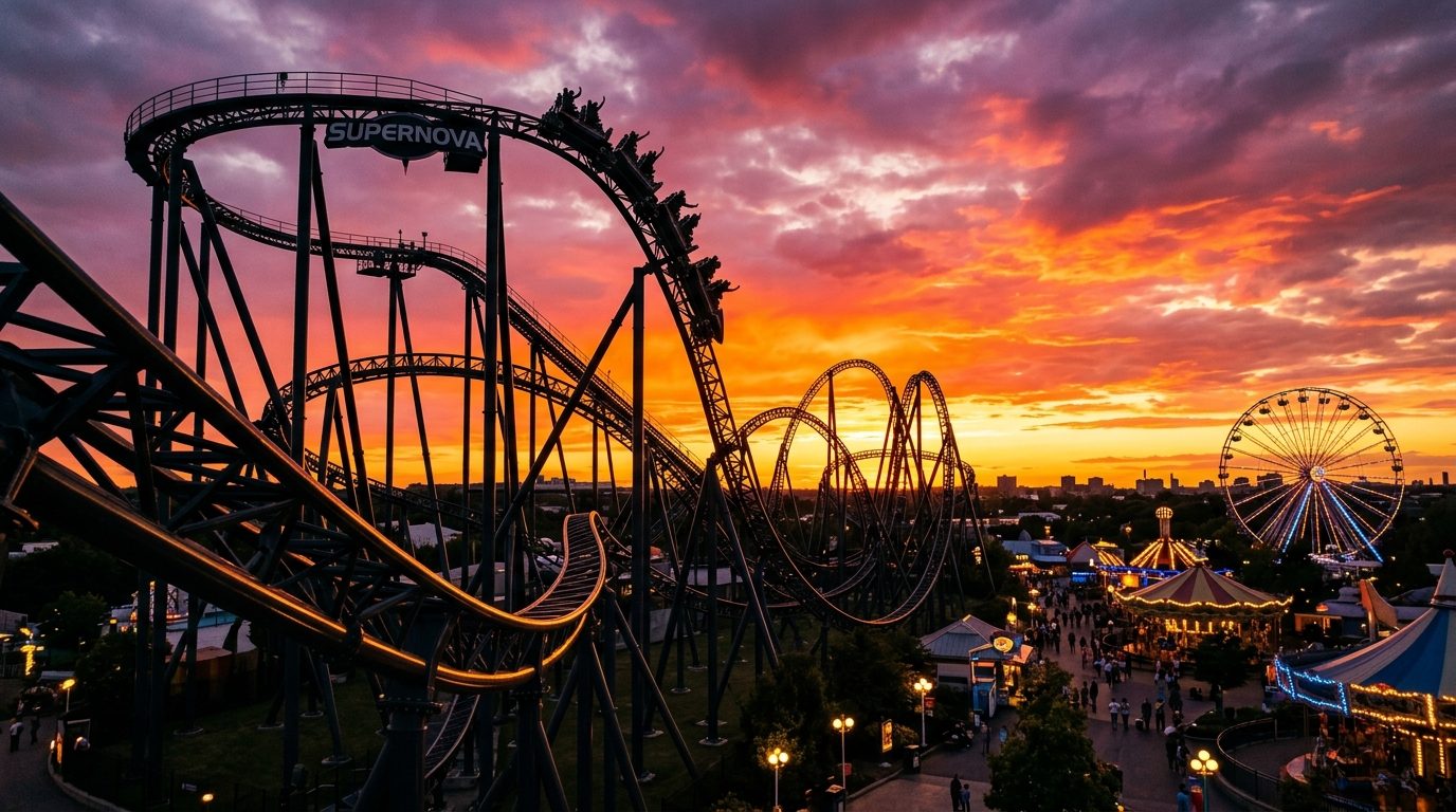 Achterbahn bei Sonnenuntergang